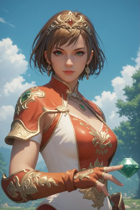 masterpiece, Highest Quality,  solo, 1girl, short hair, brown hair, green eyes, tiara, gem, earrings, Armor, Open Breasts, fingerless gloves, Mother's husband, Outdoors
