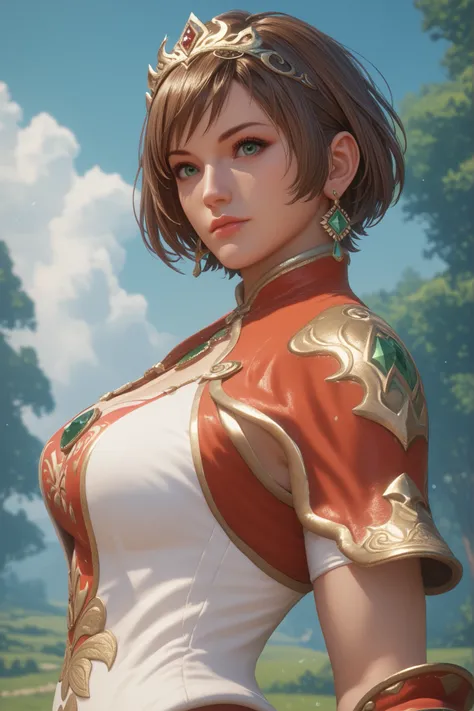 masterpiece, Highest Quality,  solo, 1girl, short hair, brown hair, green eyes, tiara, gem, earrings, Armor, Open Breasts, fingerless gloves, Mother's husband, Outdoors
