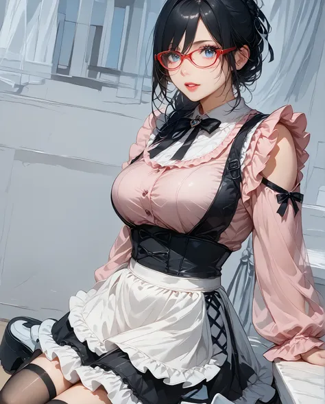 ((inspired by )),((inspired by Animation Style:1.5)),(masterpiece, best quality),beautiful, beautiful-woman, ((detailed face)).(full body:1.3).,
((black hair)), glasses, blue eyes, long hair, over-rim eye-wear,semi-rimless eye-wear, between eyes .(red-fra...