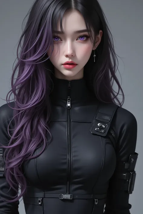 Photo Real、Realistic Skin Texture、android woman,Tight cyberpunk matte black ultra-high performance, thin, stretchy tactical suit with lots of pockets and zippers、beautiful long hair、dim cyberpunk city、Beautiful Thin Violet Eyes、Black hair with slightly pur...