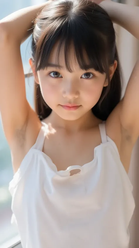 big eyes、Smile Yan、sounds fun、black hair long twin tail that is backlit and looks beautiful through、My chest is open to the bottom of my stomach、I can see a button on my stomach、肌の露出がandても多い、World's cutest middle school student、 crosses her arms and arm...