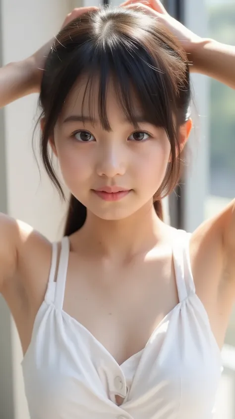 big eyes、Smile Yan、sounds fun、black hair long twin tail that is backlit and looks beautiful through、My chest is open to the bottom of my stomach、I can see a button on my stomach、肌の露出がandても多い、World's cutest middle school student、 crosses her arms and arm...