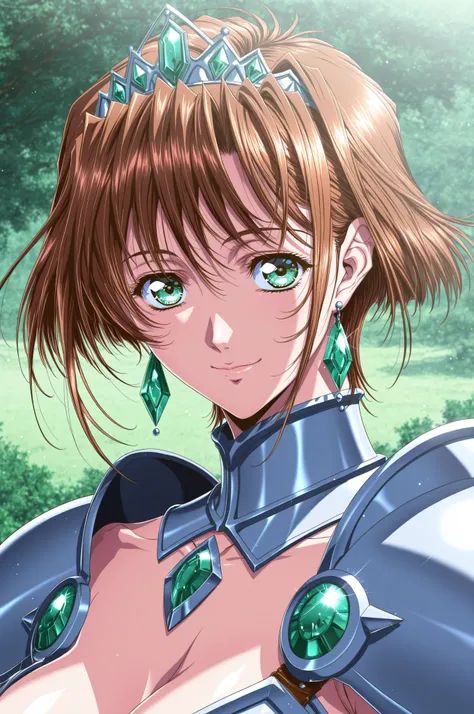 (Yokota Mamoru style),stares at viewers,charming smile,(portrait :1.4),masterpiece, Highest Quality, solo, 1girl, short hair, brown hair, green eyes, tiara, gem, earrings, Armor, Open Breasts, fingerless gloves, Mother's husband, Outdoors