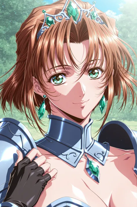 (Yokota Mamoru style),stares at viewers,charming smile,(portrait :1.4),masterpiece, Highest Quality, solo, 1girl, short hair, brown hair, green eyes, tiara, gem, earrings, Armor, Open Breasts, fingerless gloves, Mother's husband, Outdoors