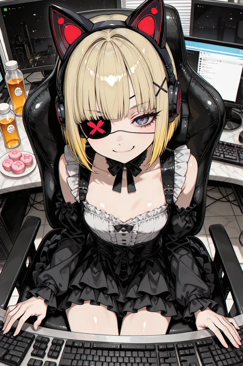 masterpieces that pass censorship、Highest Quality、Highest Level、Highest Image Quality、complicated details、8ｋ, high resolution、(Girl Operating a Computer Keyboard:1.3),  larger monitor screen that can be pulled, (cute girl, Lolita:1.3), The status of the hacking is displayed on the monitor screen, おしゃれなデザインのゴシックLolita衣装, sitting in a luxurious chair, Hacking with a Smile, sweets, PET bottle, Doya face, fun atmosphere, (1人のゴシックLolita衣装の少女), (Very Beautiful Girl, flat chest), (black eye patch on one eye:1.3), (Cute Frilled Shirts, Stylish Hairpins, Wearing Cat Eared Headphones, Cute Ruffle Skirt), (Beautiful Blonde Bob-Cut Hairstyle, Deep Blue Eyes, beautiful lashes, Shiny, glossy hair, small breasts, Fair, fair skin), mesugaki, 