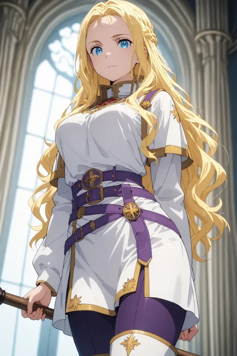 solo, ushio kofune, long hair, wavy hair, blond hair, braid, blue eyes, in a castle, rpg style, medieval princess, white medieval tunic, short tunic, white top, white thigh boots, purple tight pants, purple belt, outfit with gold trim, fantasy style, perfe...