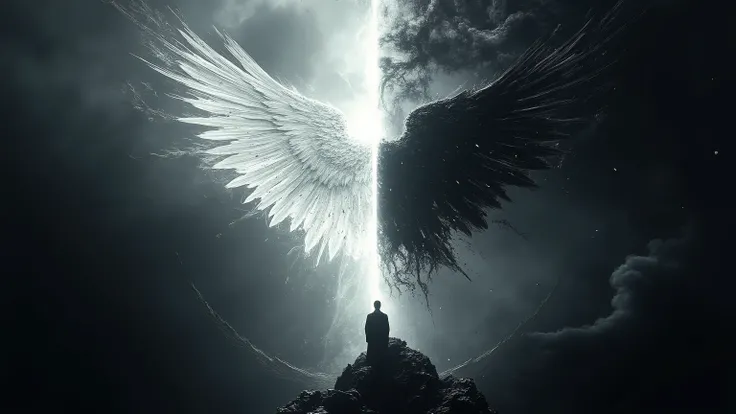 surreal composition with a dual being - half an angel, half demon , divided vertically, one wing is white and glowing, , the other is a black and smoky, creature hovers above man, who stands on the edge of a cliff looking into the sky, where you can see a ...