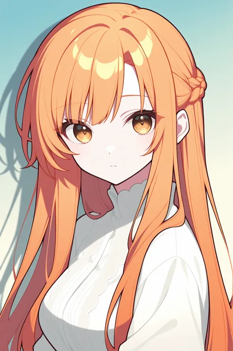1girl, Yuuki Asuna, long hair, orange blond hair, ((hazel eyes)), straight bangs, side braid half updo, solo, soft curves, real light and shadow, beautiful detailed face, intricate details, masterpiece, best quality, color_gradient background,