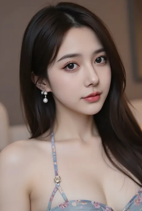 Face forward, eyes contact,Long Fluffy Black Shiny Hair,Slim Hairstyle Add Elegant Volume,Soft Hairstyle, Light Skin ,[X]Off Shoulder,Lightweight Fabric,Smooth Texture,Color Pattern Exquisite Design,4K High Resolution,in extreme detail,Exquisite Art,Realis...