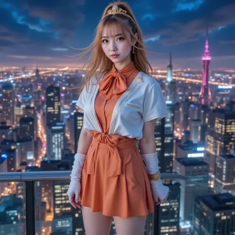 完璧な美しさを持つ息を呑むほど美しい若い女性, 輝く肌が未来的な高層ビルの屋上に立っている, ニューヨーク市のまばゆい夜景を見渡す. 彼女はセーラーヴィーナスの制服を着ている: オレンジの襟ストライプが付いた白いセーラースタイルのトップス, 大きな金の胸のリボン, お揃いのオレンジ色のプリーツミニスカート, 肘丈の白い手袋, オレンジ色のアンクルブーツ, そして赤いヘアリボン. 繊細な金のティアラが額に乗っている, そして、彼女の長いブロンドの髪は、風になびく高いポニーテールにまとめられている. 彼女の顔は...
