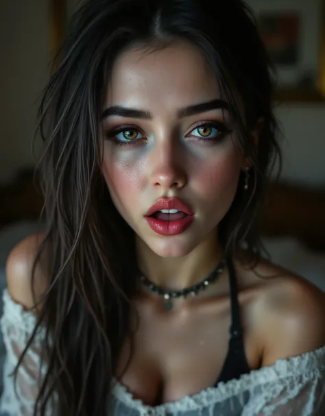 An elegant, young, and beautiful woman with a skinny figure, secutively opened glossy lips, excited and eager to please the viewer. she is a library time traveler who ventures into the eras depicted in ancient books. Cinematic 8k, highly detailed, best qua...