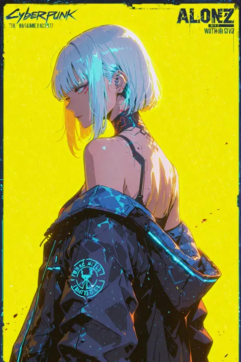 Cyberpunk 2077, man, alone,  game cover depicting a male character holding a pistol against a yellow background in a full-body shot, in the style of a game poster. The game title "Cyberpunk 2077" appears above the character's head in bold letters with the ...