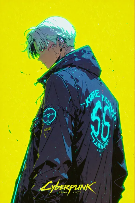 Cyberpunk 2077, man, alone,  game cover depicting a male character holding a pistol against a yellow background in a full-body shot, in the style of a game poster. The game title "Cyberpunk 2077" appears above the character's head in bold letters with the ...