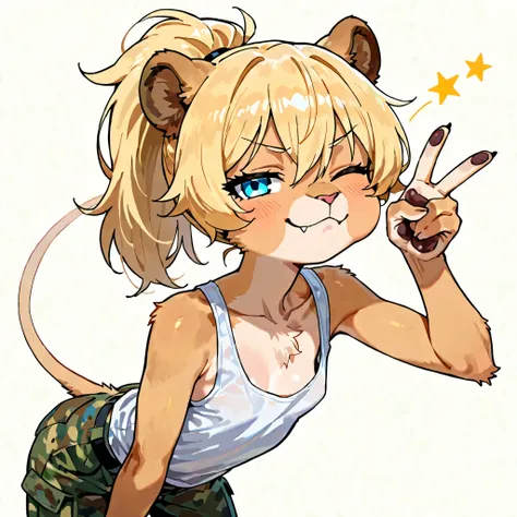 score_9, score_8_up, score_7_up, 1girl, solo, masterpiece, best quality, amazing quality, very aesthetic, absurdres, source furry, young, lion girl, blonde hair, ponytail, half closed eyes, lion ears, blue eyes, small breast, "eyelips", ((white tank top, m...