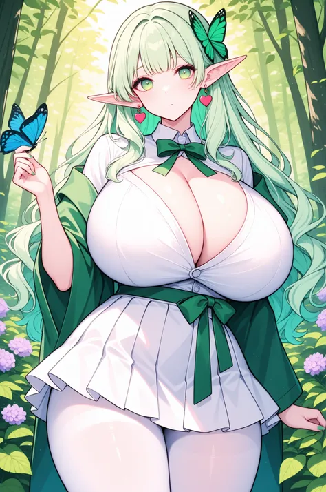 vibrant colors. 1girl, nature aesthetic art, cute sexy elf girl in a fusion of Japanese-inspired fashion, long blonde hair, curls, white skirt, tight white blouse, cleavage, gigantic breasts, mint green ribbon, white pantyhose, incorporating traditional Ja...