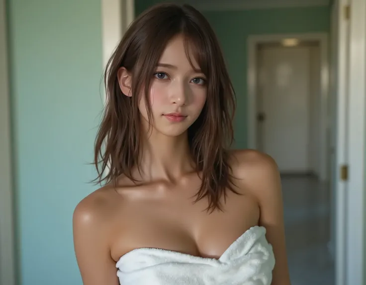 (((16K image))) 0-year-old brown-haired girl, long brunette hair, BIG BREASTS, she's in the bathroom, covering her chest with a towel, big boobs, wet hair, candid photo, Surrealistic, just finished a shower, Wet, wet, shower, Wet, towel wrapped around her ...