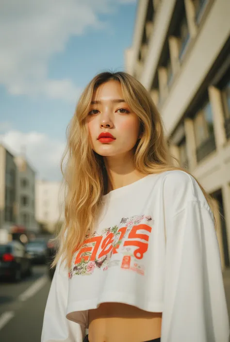 beautiful young Japanese woman, 8k , masterpiece , Highest Quality, low angle, close-up, Blonde, wavy hair, Red Lipstick, white cropped long sleeve top, graphic design, Dark Bottom, Witch Pose, urban background, building, car, cloudy sky, Daytime,Photorea...