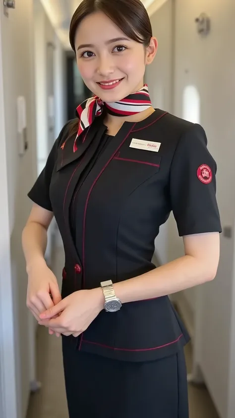 (highest quality:1.2), (award-winning:1.1), (8K), (ultra high resolution), (best quality), (tabletop),  
(a beautiful woman wearing the JAL flight attendant uniform:1.1),  
(dark navy one-piece uniform, close to black:1.1), (elbow-length sleeves with red p...