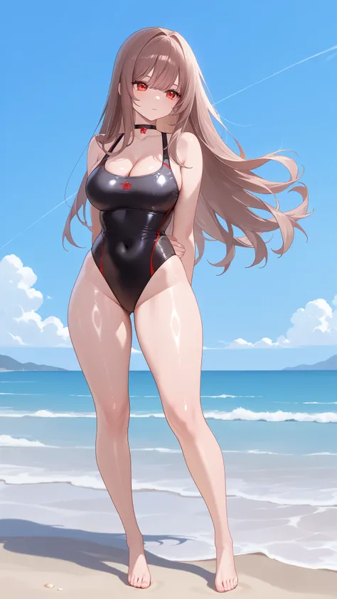 highres,absurdres,full body,1girl,solo,rrapiswim,red eyes,brown hair,long hair,bangs,black one-piece swimsuit,choker,shiny skin,cleavage,breasts,thigh,beach,blue sky,arms behind back,contrapposto,