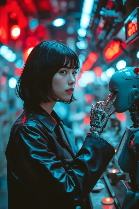 The blurry red alarm lights，Color tone is a cool blue、Dark blue is the main，in a humid environment。Visible smoke in the air，intense moisture，The light was cut into a clear beam of light。On the left is a female artificial human，tall and slender like a model...