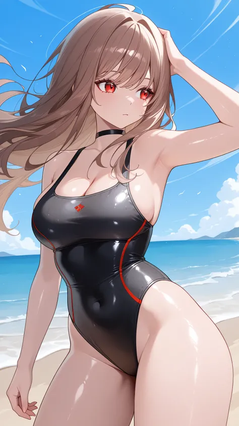 highres,absurdres,cowboy shot,1girl,solo,rrapiswim,red eyes,brown hair,long hair,bangs,black one-piece swimsuit,choker,shiny skin,cleavage,breasts,thigh,beach,blue sky,contrapposto,from behind,looking back,hand on own head,(wind:1.2),
