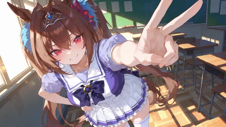 ダイワスカーレット,{{{masterpiece}}}, {{{best quality}}}, {{ultra-detailed}}, {illustration}, {{an extremely delicate and beautiful}},1 girl,high school student,full body,sunny,sunlight,classroom,looking at viewer,standing,open stance,outstretched arm,point at view...