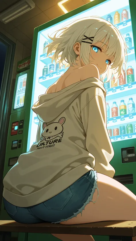 BREAK (masterpiece:1.2),Anime-style Japanese convenience store at night, fluorescent lights glowing inside, vending machines standing near the entrance, soft reflections on the pavement. Quiet street around, simple and cozy atmosphere, highly detailed illu...