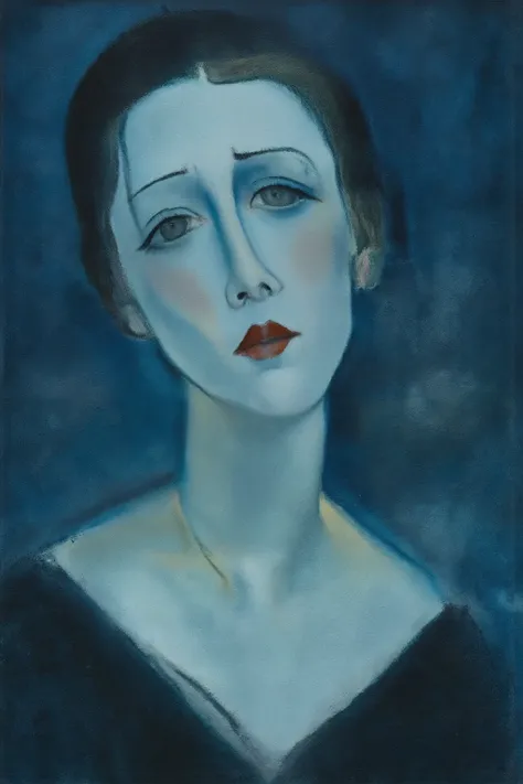 blue woman,Gray eyes,melancholy expression,portrait,make up,amedeomodigliani1 painting,mawo1 painting,oil painting,Depressive Black,