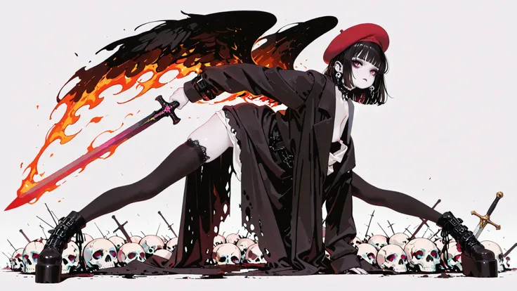nsfw,topless,nipple, Pale skin goth girl, short black hair, red beret, black coat, gothic makeup, elegant white shirt , men's black pants , platform boots, very long and stylized legs, Huge fire wings, dynamic pose, HE IS HOLDING AN ELEGANT SWORD , skulls...