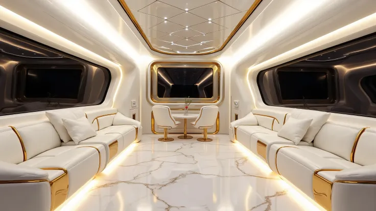 DE_style, The lounge inside the Cadillac motorhome is a compact yet futuristic retreat, designed to mirror the elegance and geometry of the vehicle’s exterior. Plush white leather sofas trimmed with gold edges and subtle black accents line the sides of the...