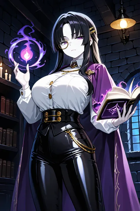 1girl, villainess, black monocle, tall, black hair, long hair, straight hair, parted bangs, purple eyes, arrogant expression, closed mouth, narrowed eyes, pale skin, thin eyebrows, noble, purple mantle, white shirt, dress shirt, golden buttons, buttoned ma...