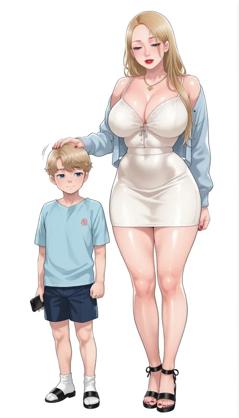 Yumi (New Town), a beautiful extremely sexy woman with long glowy sleek yellow-blonde hair, light-blue eyes, bimbo plump round red lips, bright red nails, extremely fair white glowy skin, a cinched small tight narrow waist, an hourglass figure, big breasts...