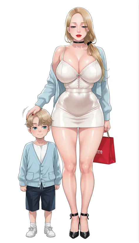 Yumi (New Town), a beautiful extremely sexy woman with long glowy sleek yellow-blonde hair, light-blue eyes, bimbo plump round red lips, bright red nails, extremely fair white glowy skin, a cinched small tight narrow waist, an hourglass figure, big breasts...