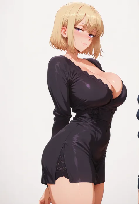 masterpiece, best quality, amazing quality, 1girl, solo, looking at viewer, blushing,, mature girl,side view, light smile, seductive, short hair, blonde hair, purple eyes, , ,bubble breasts, seductive twist, exaggerated voluptuous figure with impossibly la...