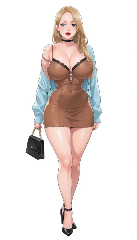 Yumi (New Town), a beautiful extremely sexy woman with long glowy sleek yellow-blonde hair, big blue eyes, bimbo plump round red lips, bright red nails, extremely fair white glowy skin, a cinched small tight narrow waist, an hourglass figure, big breasts, ...