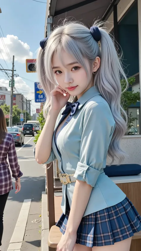 girl with long silver hair and blue skirt, sexy style. 8k, sexy style 4 k, artwork in the style of guweiz, cute girl, リアルなsexy style, beautiful girl, リアルなsexy style, cute girlのビジュアル, surreal high school girl, (tight waist:1.2), ((big boobs)), (detailed leg...
