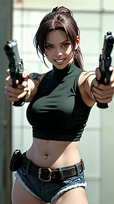 masterpiece, best quality, very aesthetic, movie quality, depth of field,soft saturation, focused subject, anime screenshot, anime coloring,official style, Revy main outfit, Revy (character), 1girl, solo shoulder holster, revy (black lagoon), burgundy hair...