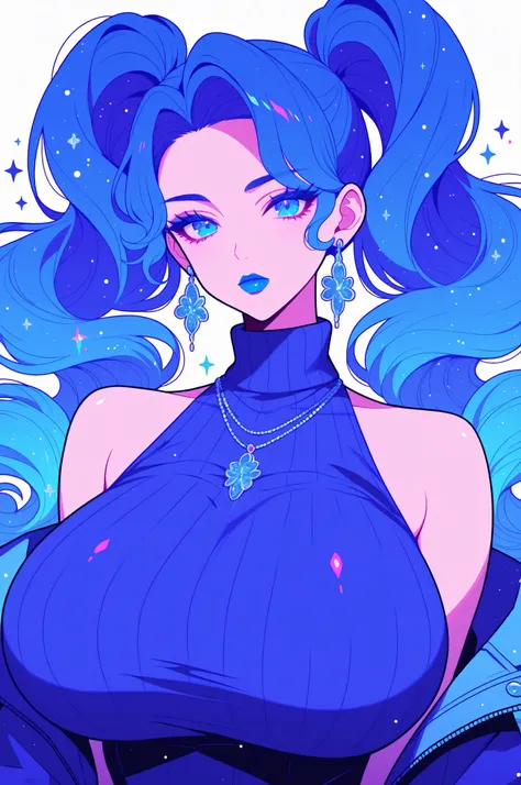 face closeup, glitter,  voluptuous, sexy woman, very long curly hair in long curly pigtails, icy blue hair, icy blue eyes, icy blue eyeshadow, blue eyelashes, blue clothing, blue lips, blue earrings and necklace, gigantic breasts, turtleneck and jacket, lo...