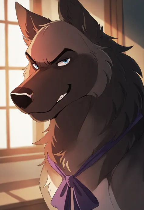 masterpiece,best quality,amazing quality, 1boy, solo, b4lt4z4r, dog, multicolored fur, blue eyes, purple neck ribbon, close up, side angle, smirk, looking at viewer,