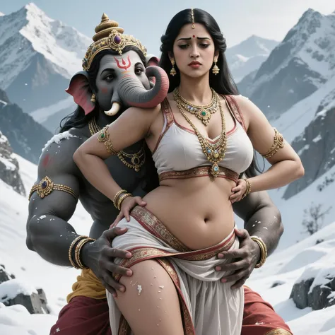 Parvati Devi standing in the snow-dusted Himalayas, her expression serene yet strained with passive resistance as she faces the viewer. She wears a traditional Indian short skirt that accentuates her voluptuous curves, the fabric taut against her full hips...