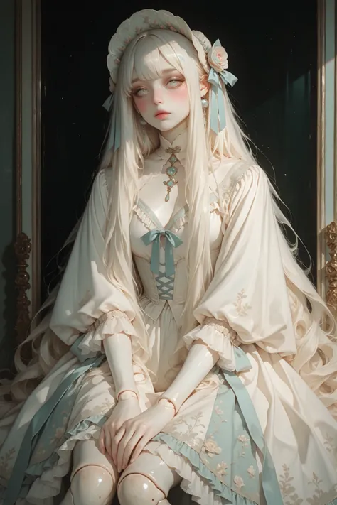 
A living porcelain ball-jointed doll, soft pastel aesthetic, delicate visible doll joints at elbows and knees, flawless pale porcelain skin with subtle pastel blush, large glassy pastel eyes, long flowing pastel hair styled with ribbons and lace, ornate f...