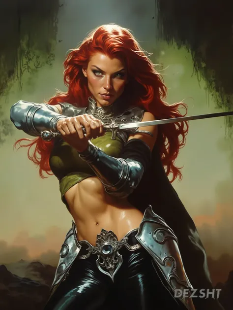 A dark fantasy 80s inspired, incredibly realistic and highly detailed artwork, featuring a unique pose. She is known as Dawn by Joseph Linsner — a breathtakingly beautiful and muscular woman with green eyes, gothic makeup, and flowing red hair. A powerful ...