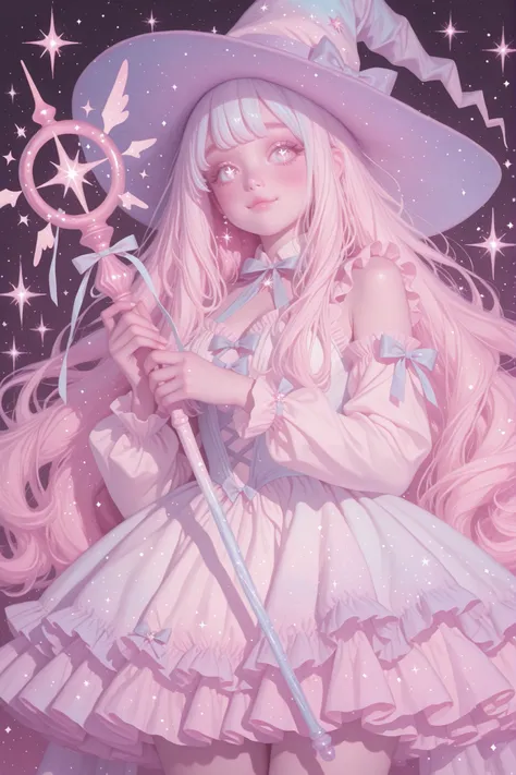 A cute kawaii witch, soft pastel color palette, large sparkling eyes, round cheeks, flowing pastel hair with ribbons, wearing a frilly pastel dress and a small pointed witch hat, holding a tiny magical staff, surrounded by floating sparkles and magical ene...