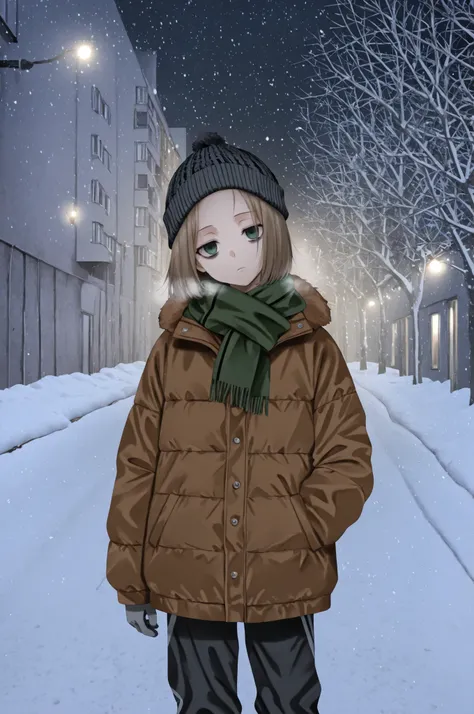 1girl, (snowfall), near viewer, portrait, close-up, empty expression, bored, calm, emotionless, empty eyes, green eyes, bags under eyes, pale-brown hair, short hair, straight hair, forehead, spiky hair, oily hair, standing, head tilt, looking at viewer, br...
