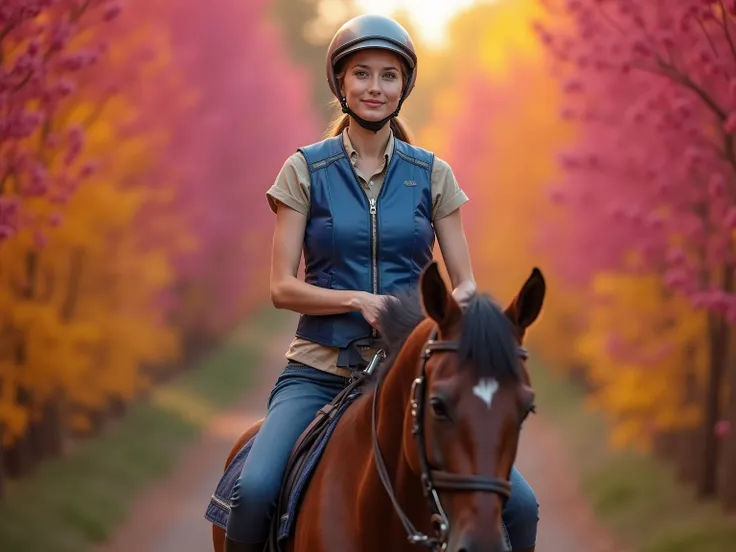 a widescreen image, a woman is atop a horse, seated with her hands around the horses reins, the leather straps pull the horse into a running position, she wears a blue leather horse riding vest, the vest is heavy duty and designed for fall protection, the ...