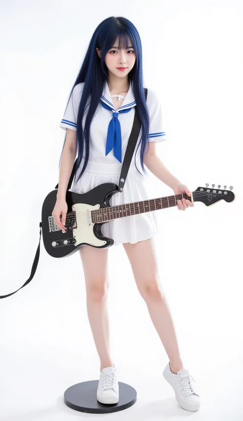 (solo, dark blue haired, very long hair, beautiful black eyes, full body view, standing with black base guitar ,(sailor suit,white Sailor Collar , short sleeve shirt, blue ribbon tie, white mini skirt with blue line, pubic hair, white sneakers, shiny skin)...