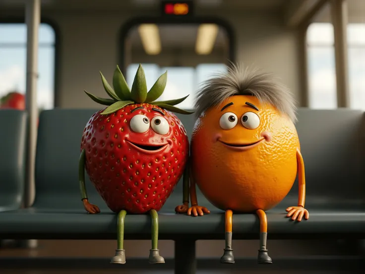 3D rendering, a widescreen film animation image, an anthropomorphic strawberry and orange sit on the seat of a commuter train, 1990s rail car, bench seating, gray hair on the orange