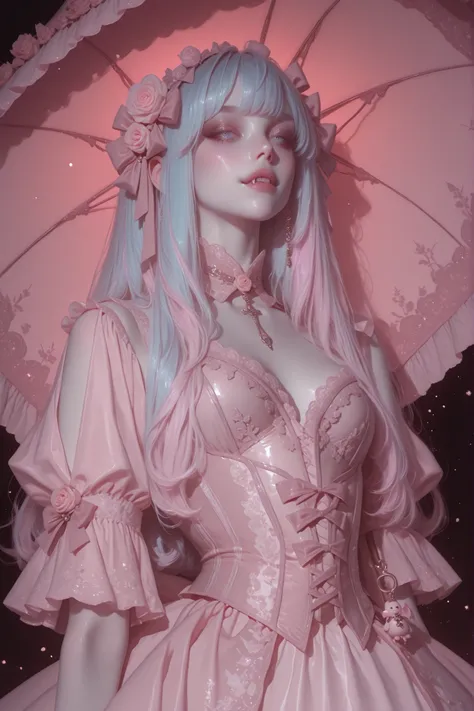 A beautiful pastel vampire girl, delicate and ethereal, with pale porcelain skin, striking pastel blue eyes, and flowing black curls with subtle pastel streaks. She wears an elaborate rococo-inspired lolita dress in soft pink and white, with layers of lace...