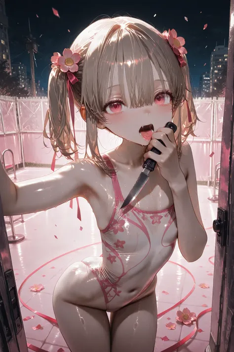 Alone, masterpiece, Rhythmic gymnastics, outdoor,     pink flower confetti design、、chest、bright assassin、building without a fence、foot in the corner、Laughter、night、月night、2、They both have a tight leotard、Twins、Open your mouth、stupid hair、natural child、Sagg...