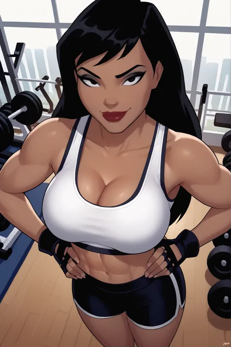 BREAK, score_6_up, score_7_up, score_8_up, score_9, 1girl, solo, Drlight, long hair, black hair, black eyes, lipstick, makeup, dark-skinned female,  large breasts, busty, cleavage, curvy, athletic, midriff, looking at viewer, seducing viewer, teasing viewe...